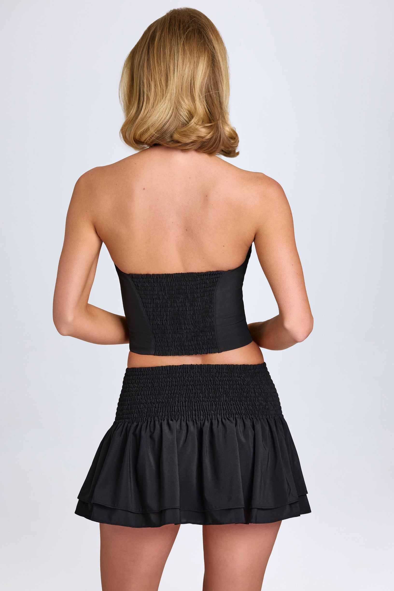 Ruffled Shirred Low-Rise Micro Mini Skirt in Black - 2