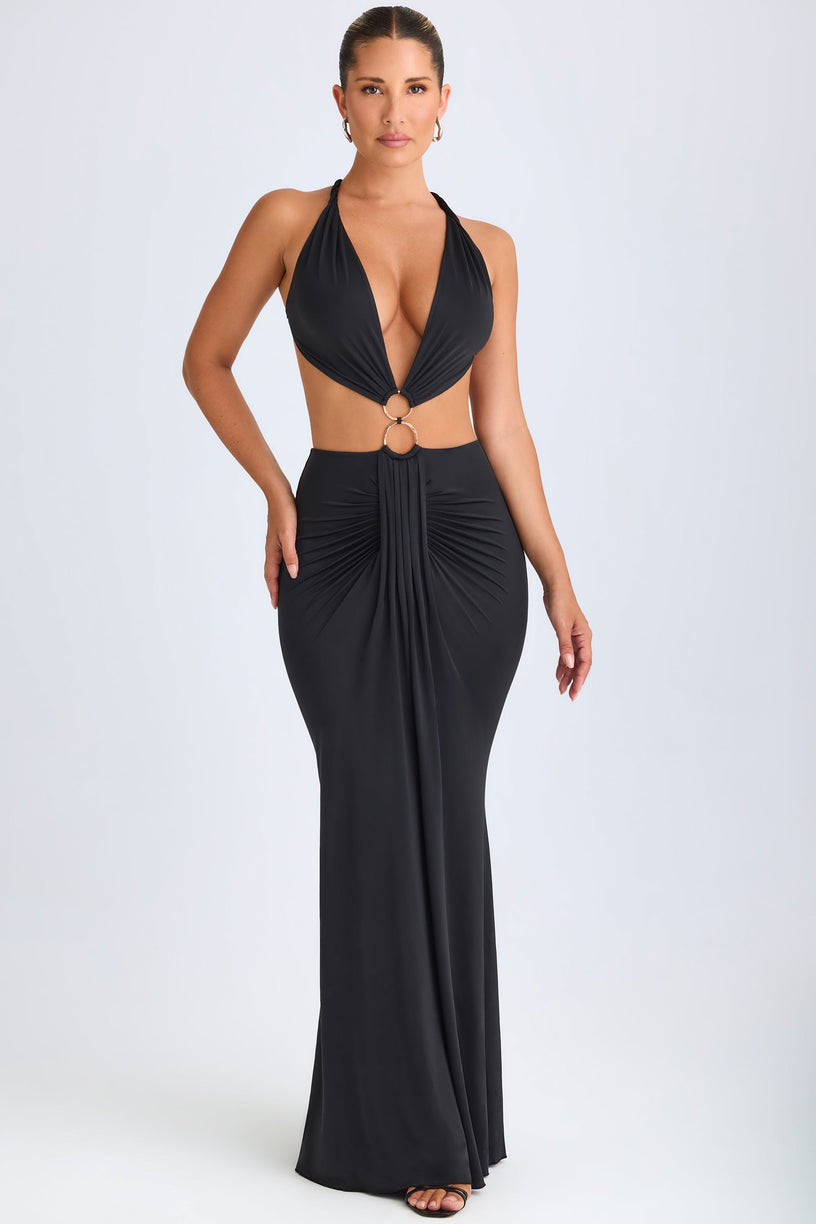 Hardware Detail Cut-Out Halterneck Maxi Dress in Black - 1