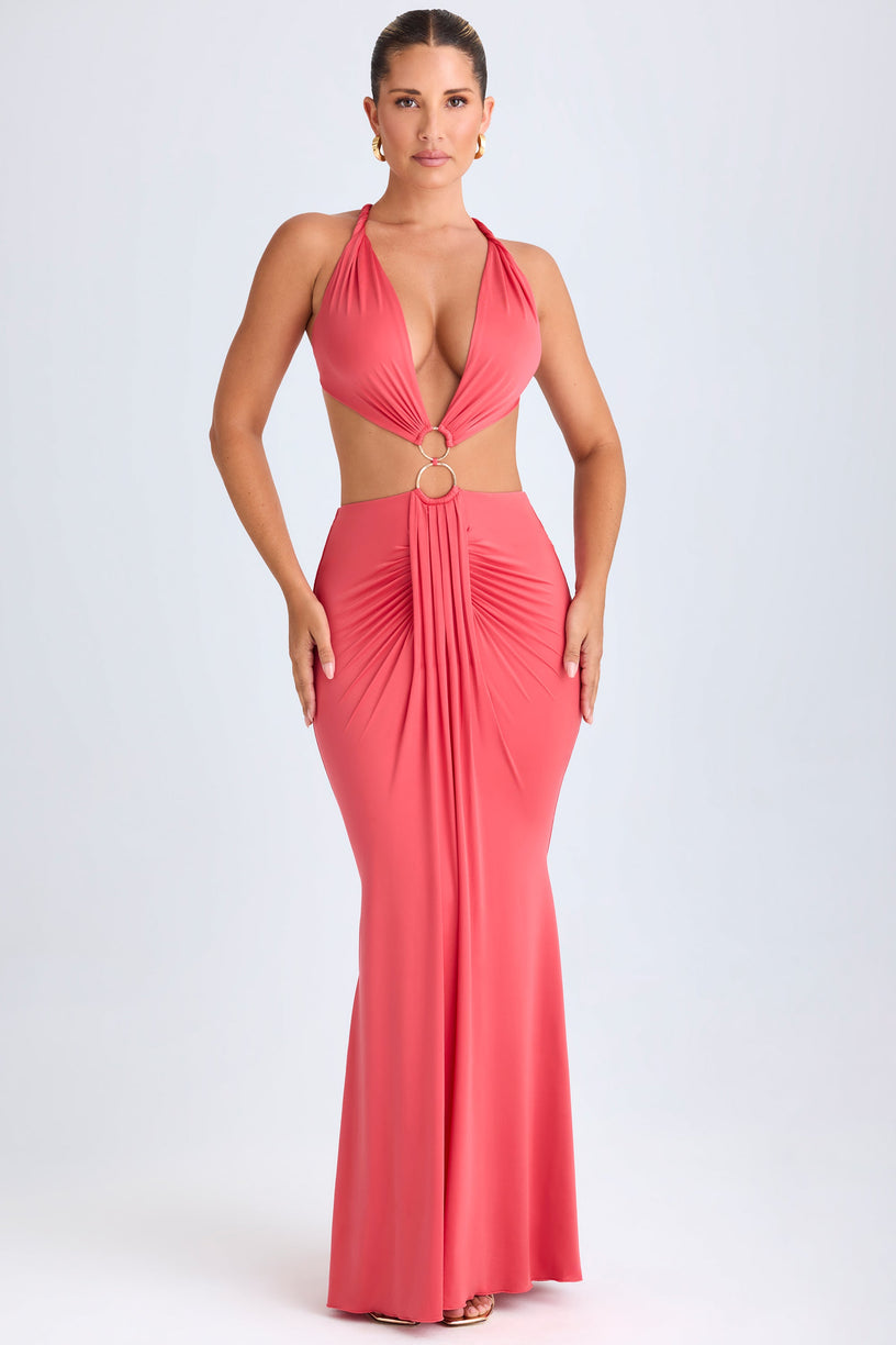 Hardware Detail Cut-Out Halterneck Maxi Dress in Coral - 1