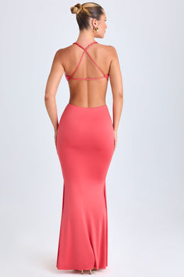 Hardware Detail Cut-Out Halterneck Maxi Dress in Coral