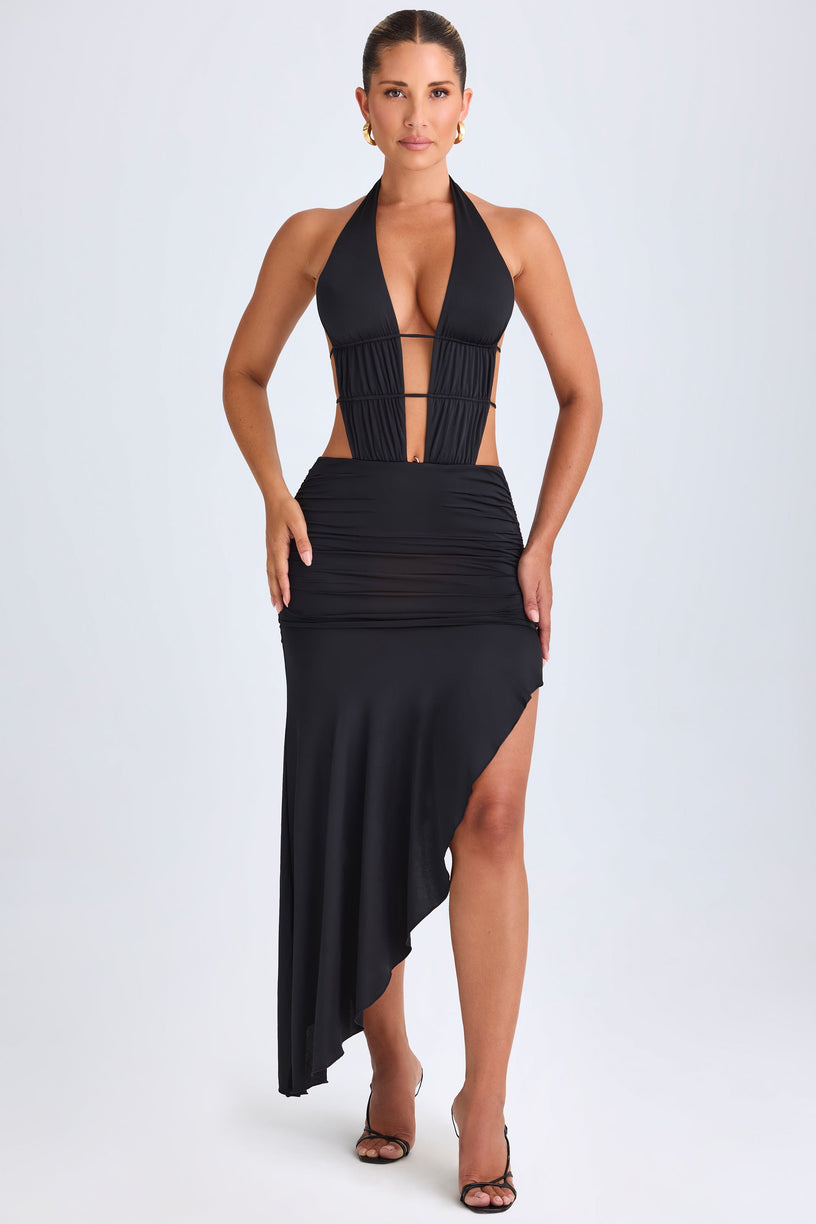 Asymmetric Cut-Out Halterneck Midaxi Dress in Black - 1