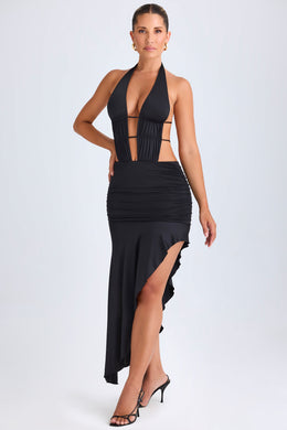 Asymmetric Cut-Out Halterneck Midaxi Dress in Black