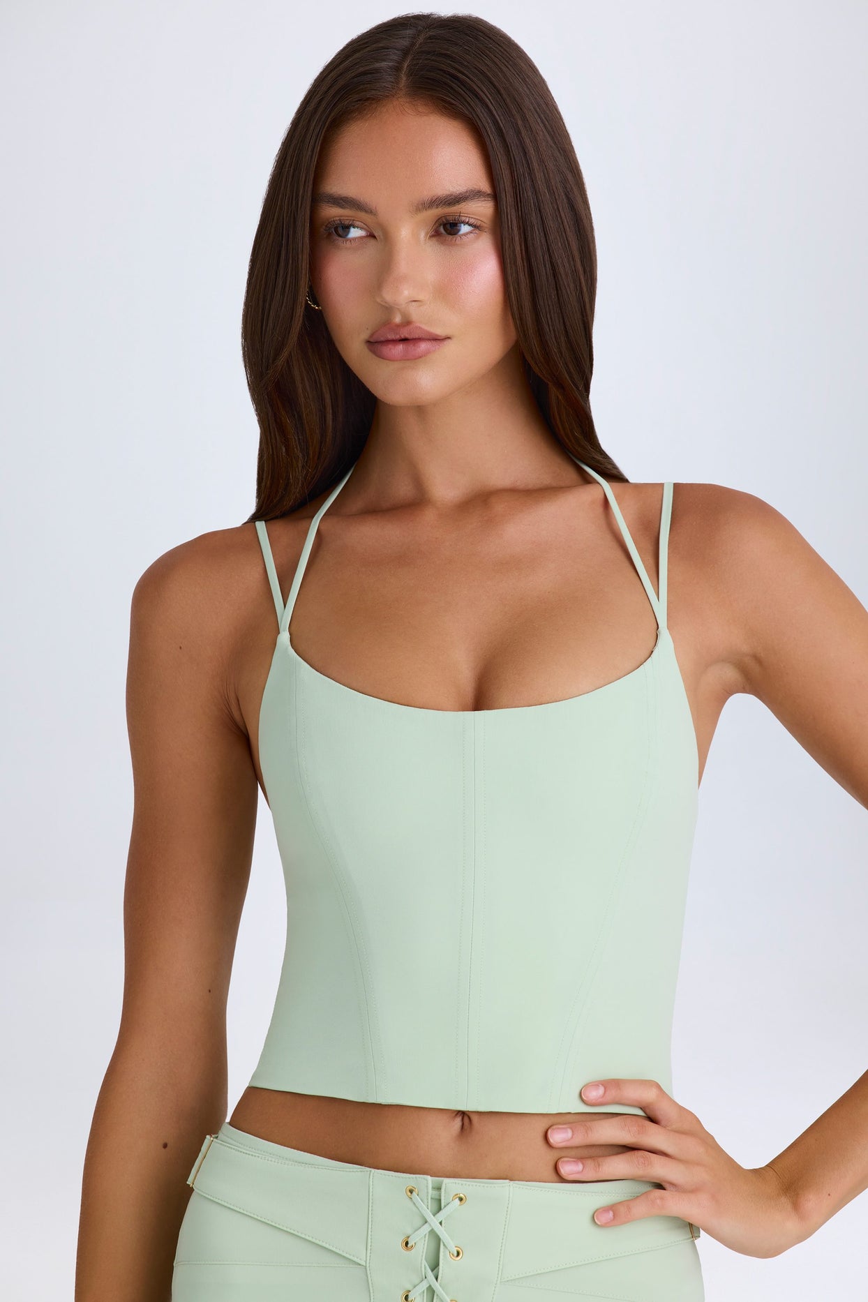 Strappy Halterneck Corset Top in Green - 1