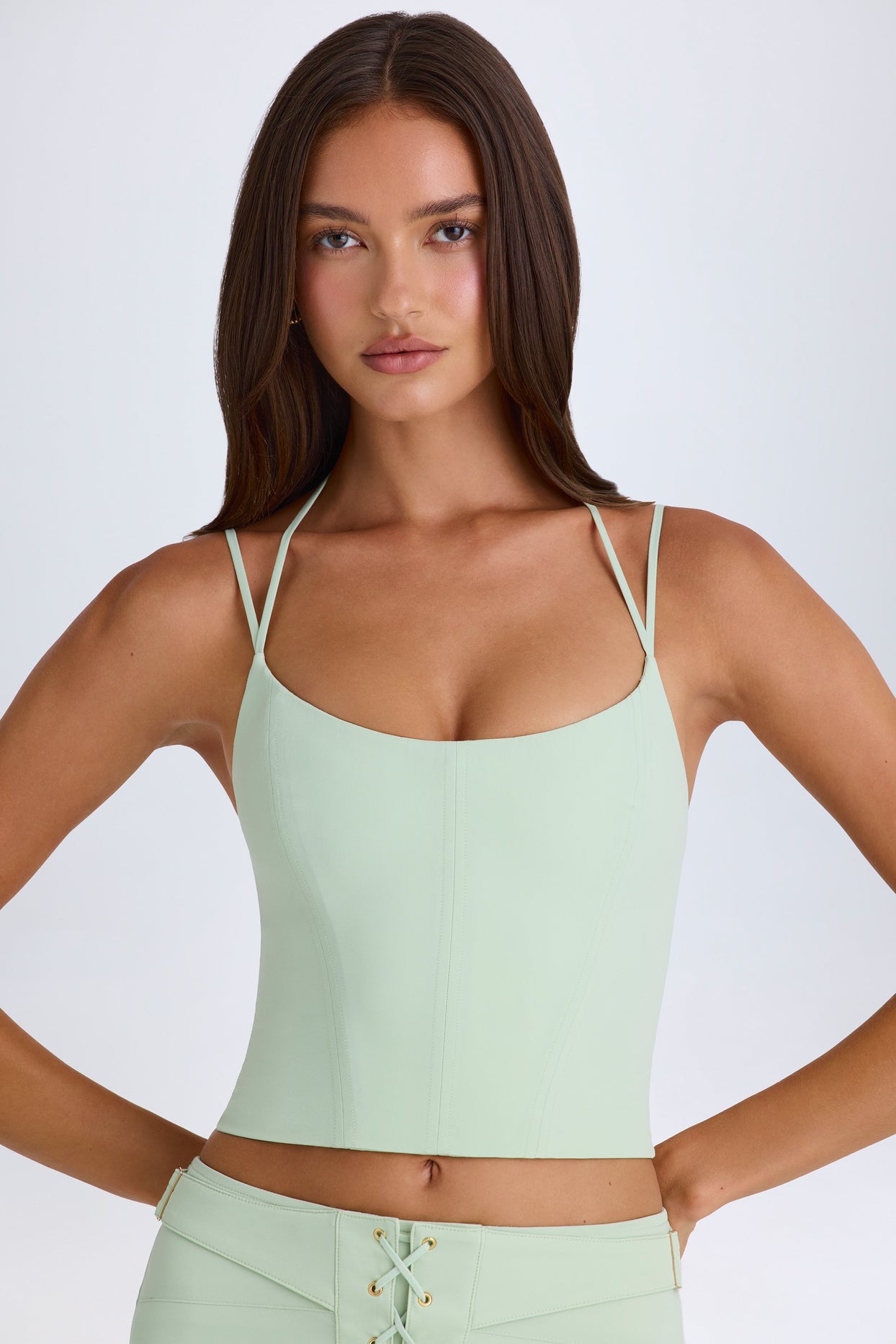 Strappy Halterneck Corset Top in Green - 3