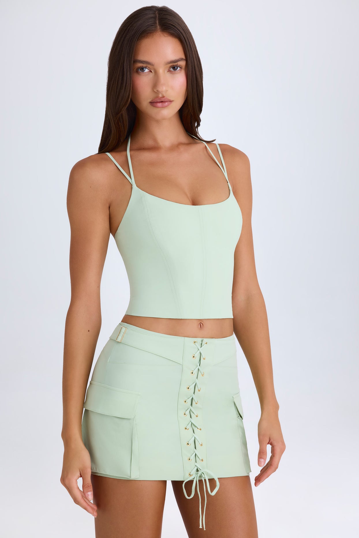 Strappy Halterneck Corset Top in Green - 7