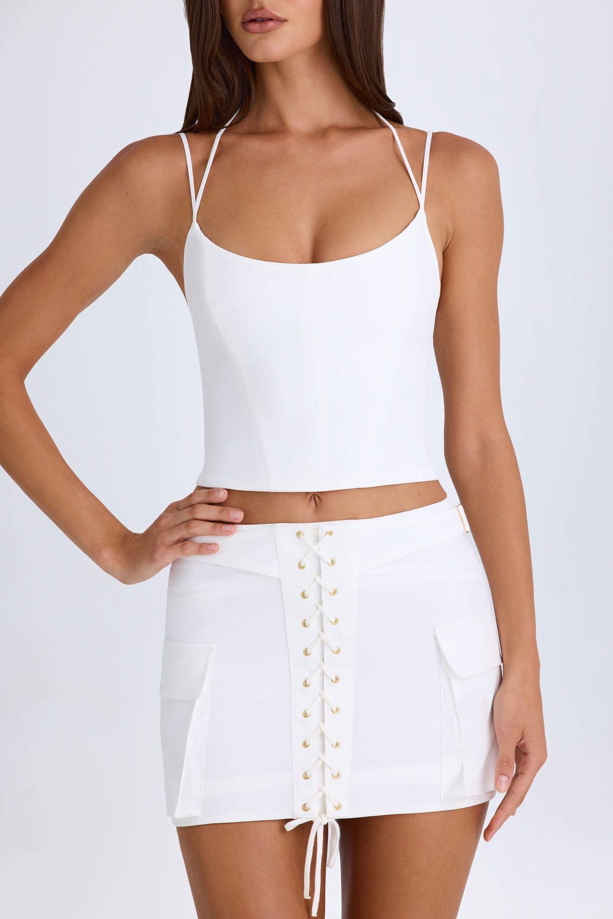 Lace-Up Cargo Micro Mini Skirt in White - 4