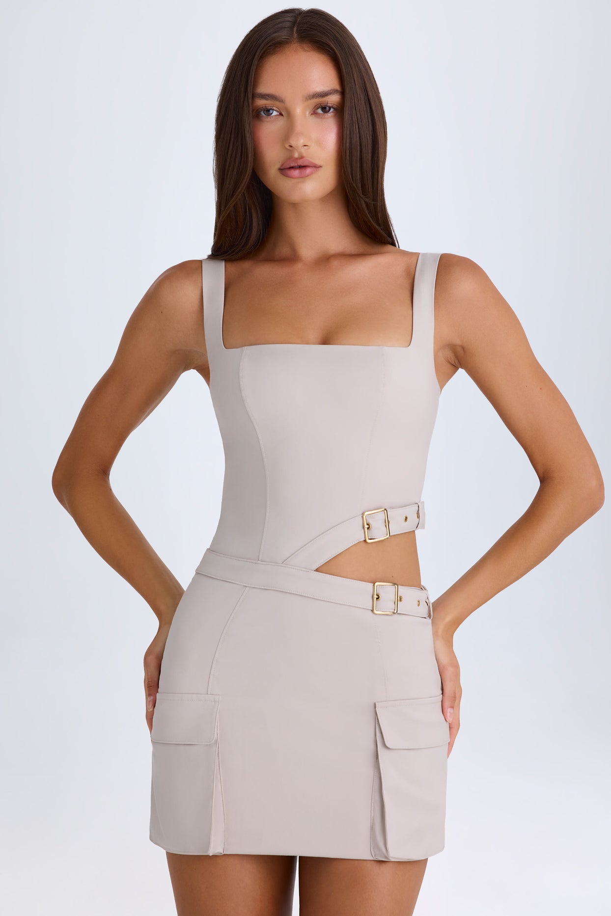 Belted Cut-Out Mini Dress in Taupe - 4