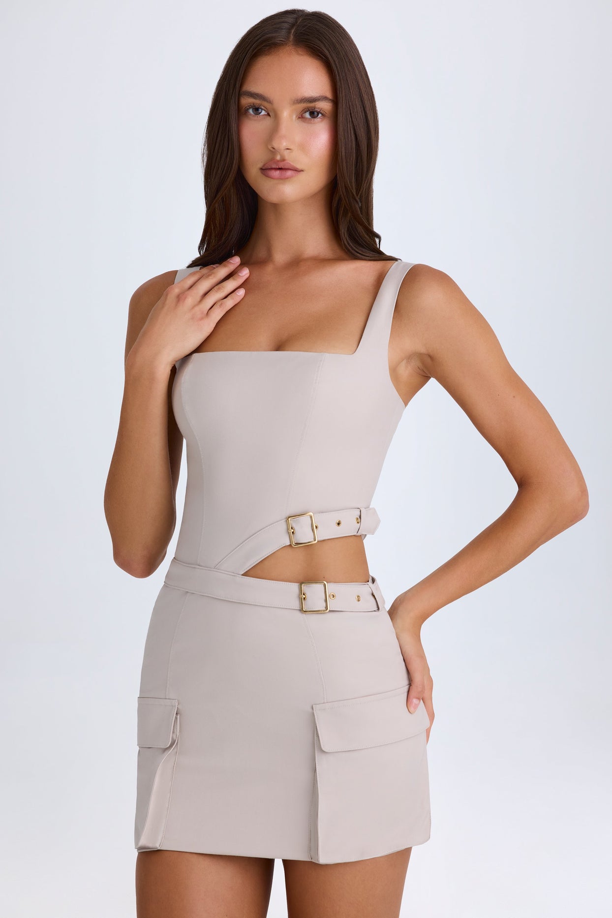 Belted Cut-Out Mini Dress in Taupe - 6