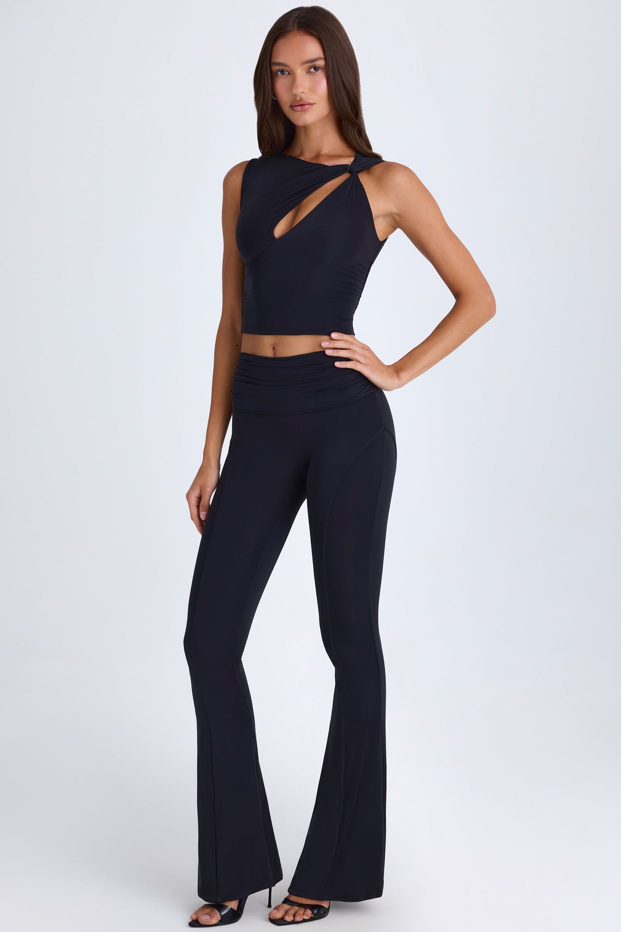 Petite Foldover Flared Trousers in Black