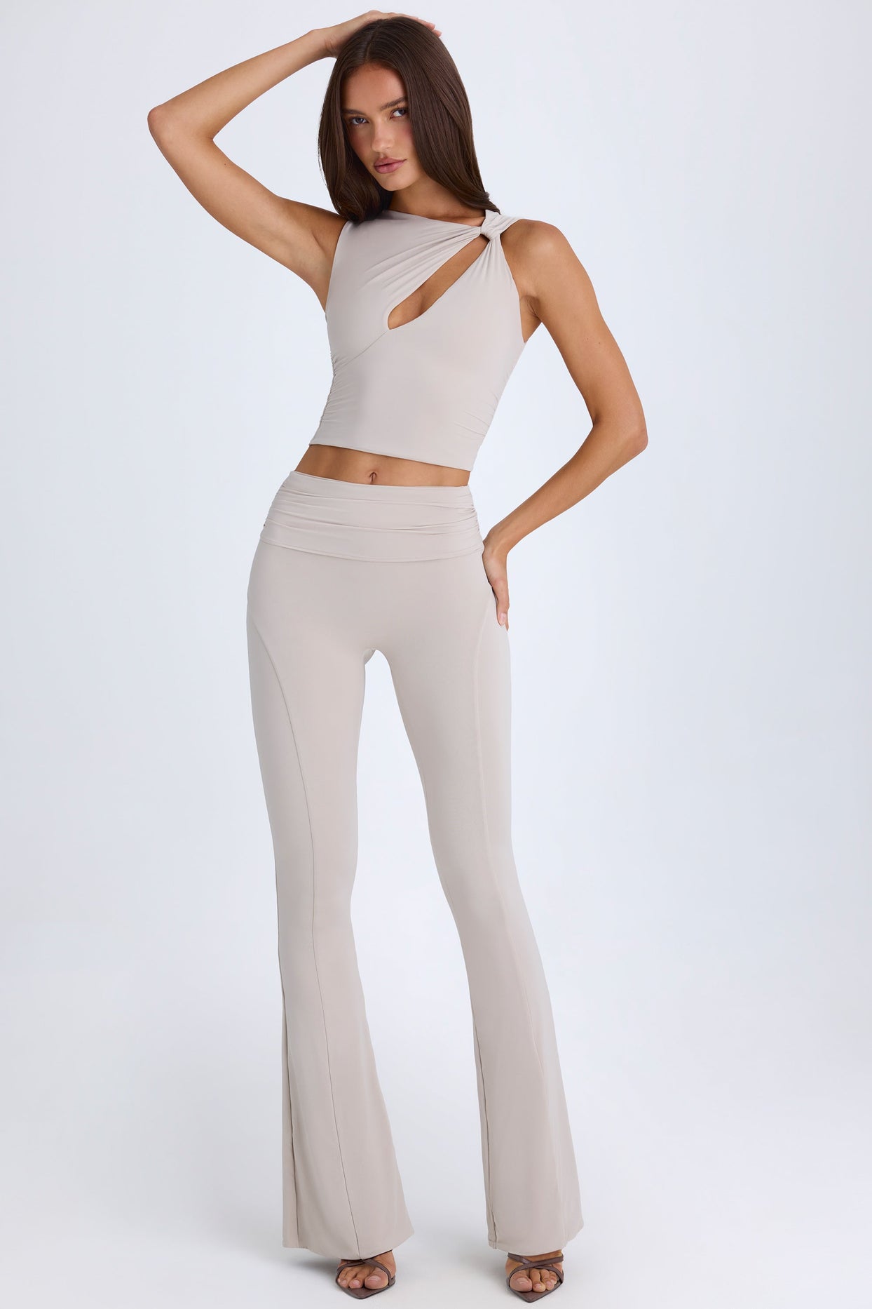 Tall Foldover Flared Trousers in Taupe