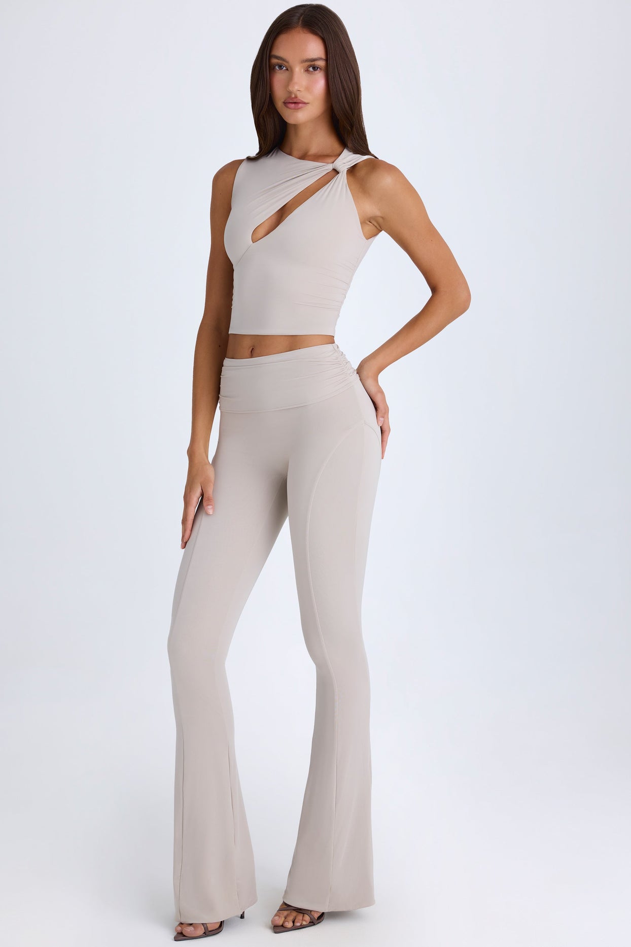 Tall Foldover Flared Trousers in Taupe