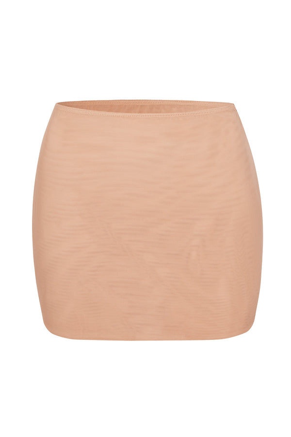 Soft Mesh Low-Rise Micro Mini Slip Skirt in Warm Peach - 1