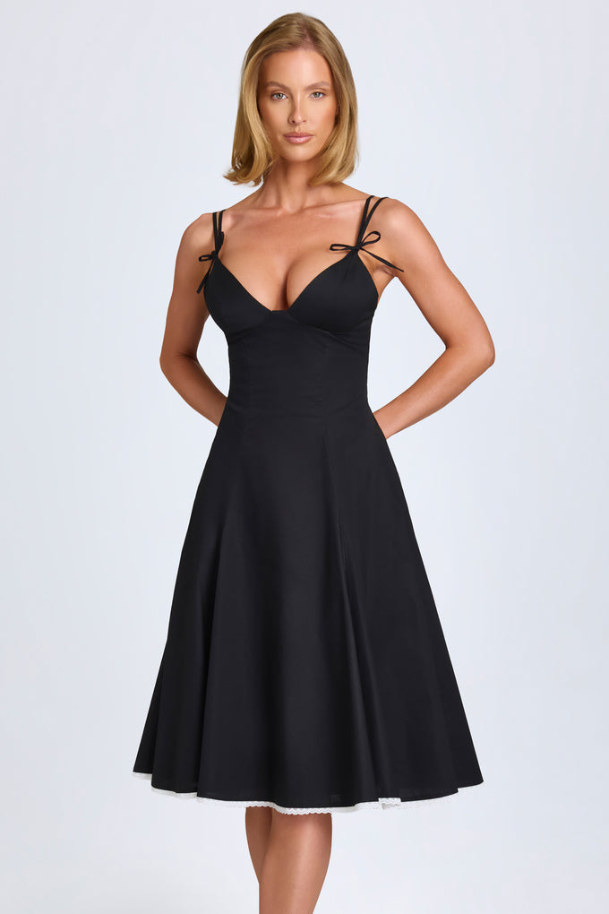 Bow-Detail Lace-Trim A-Line Midi Dress in Black