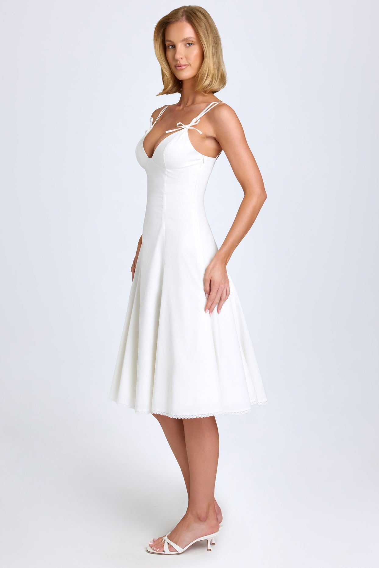 Bow-Detail A-Line Midi Dress in White - 3