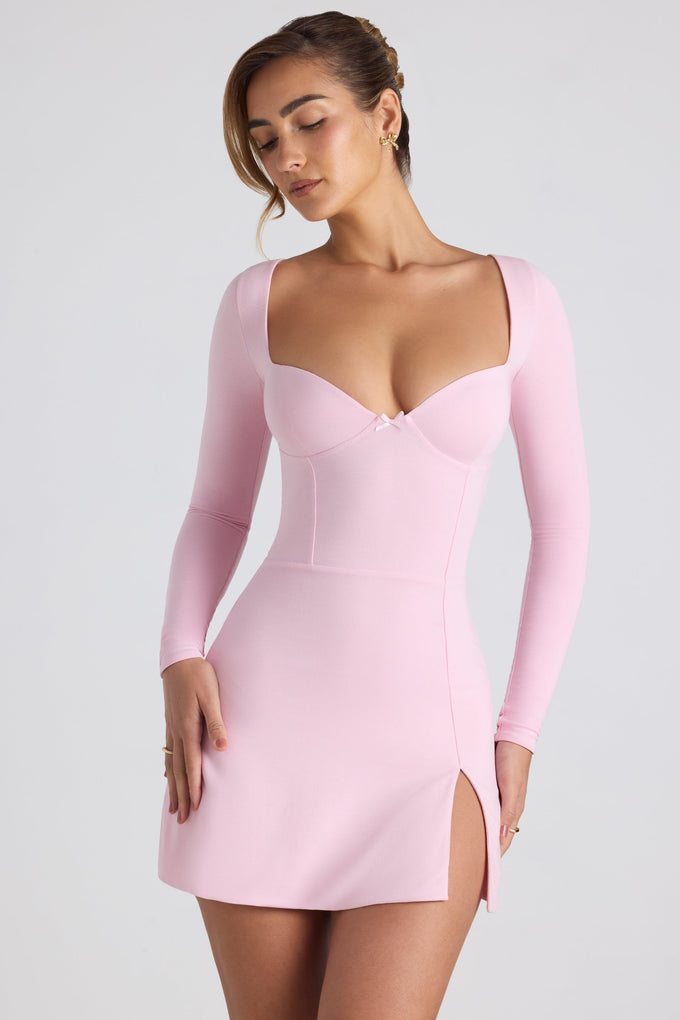 Modal Bow-Detail Sweetheart-Neck A-Line Mini Dress in Soft Pink