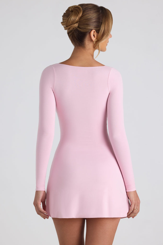 Modal Bow-Detail Sweetheart-Neck A-Line Mini Dress in Soft Pink