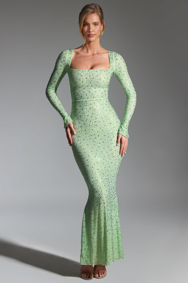 Embellished Long-Sleeve Fishtail Maxi Dress in Pistachio - 1
