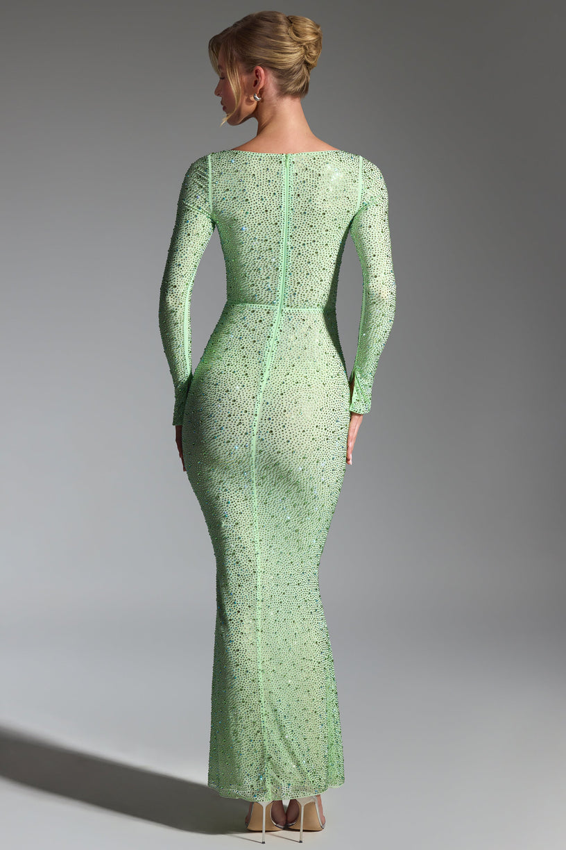 Embellished Long-Sleeve Fishtail Maxi Dress in Pistachio - 2
