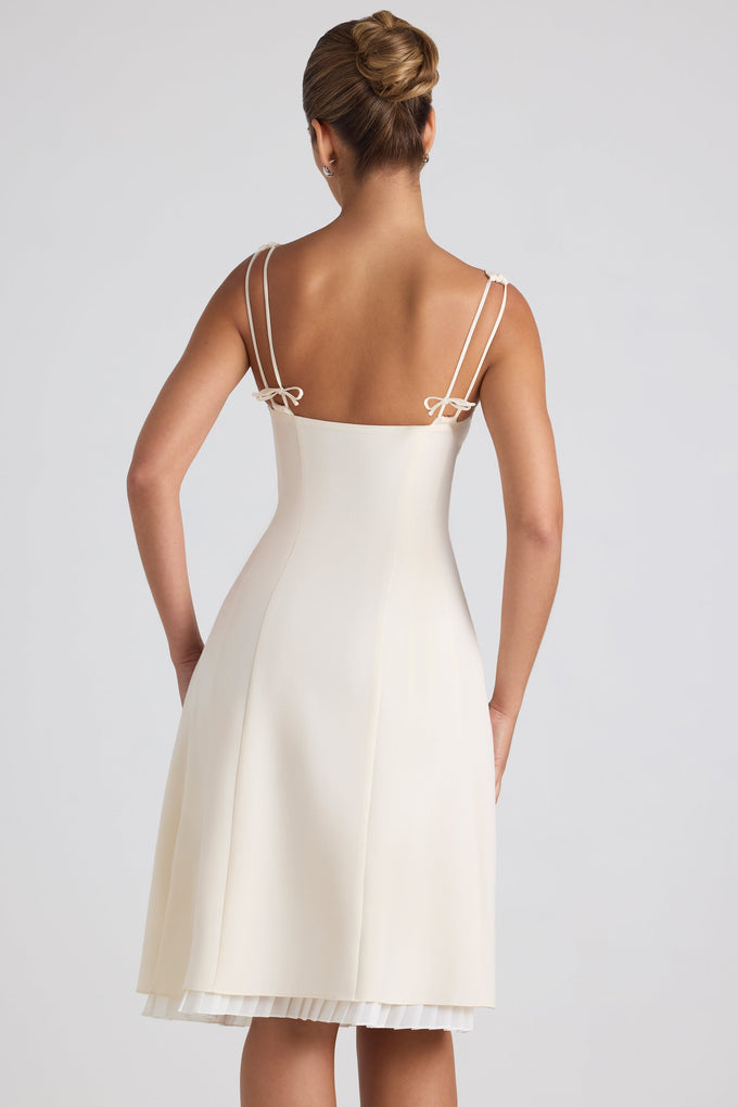 Bow-Detail Pleated A-Line Midi Dress in Ivory