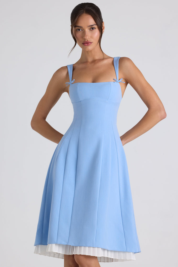 Bow-Detail Pleated A-Line Midi Dress in Sky Blue