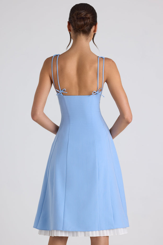 Bow-Detail Pleated A-Line Midi Dress in Sky Blue