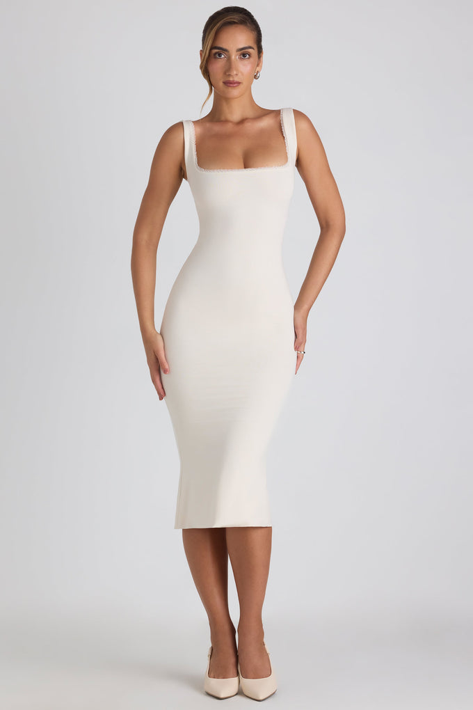 White Textured Rib Twist Cut Out Midaxi Dress