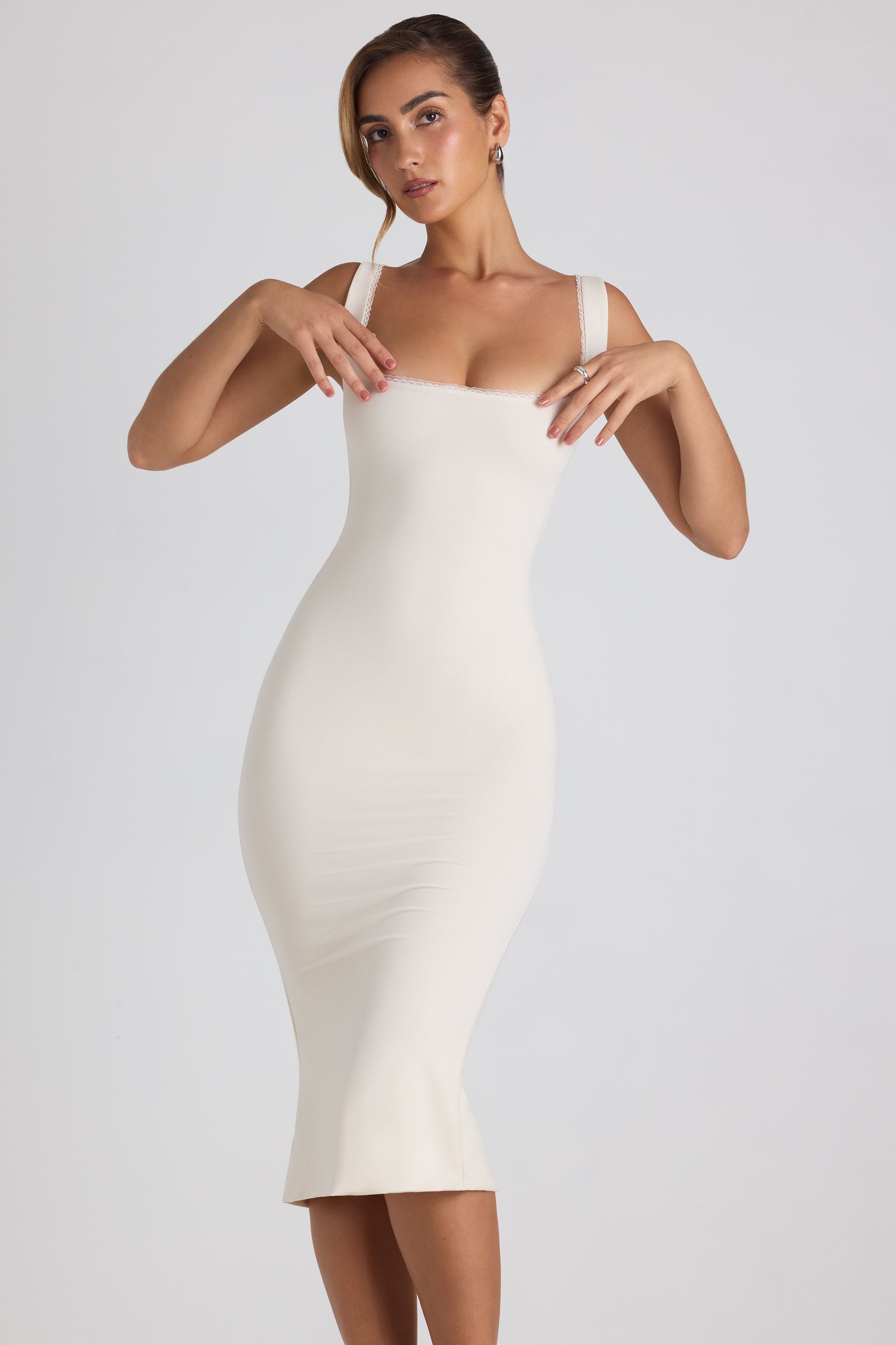 Navi Modal Lace-Trim Midaxi Dress in Ivory | Oh Polly