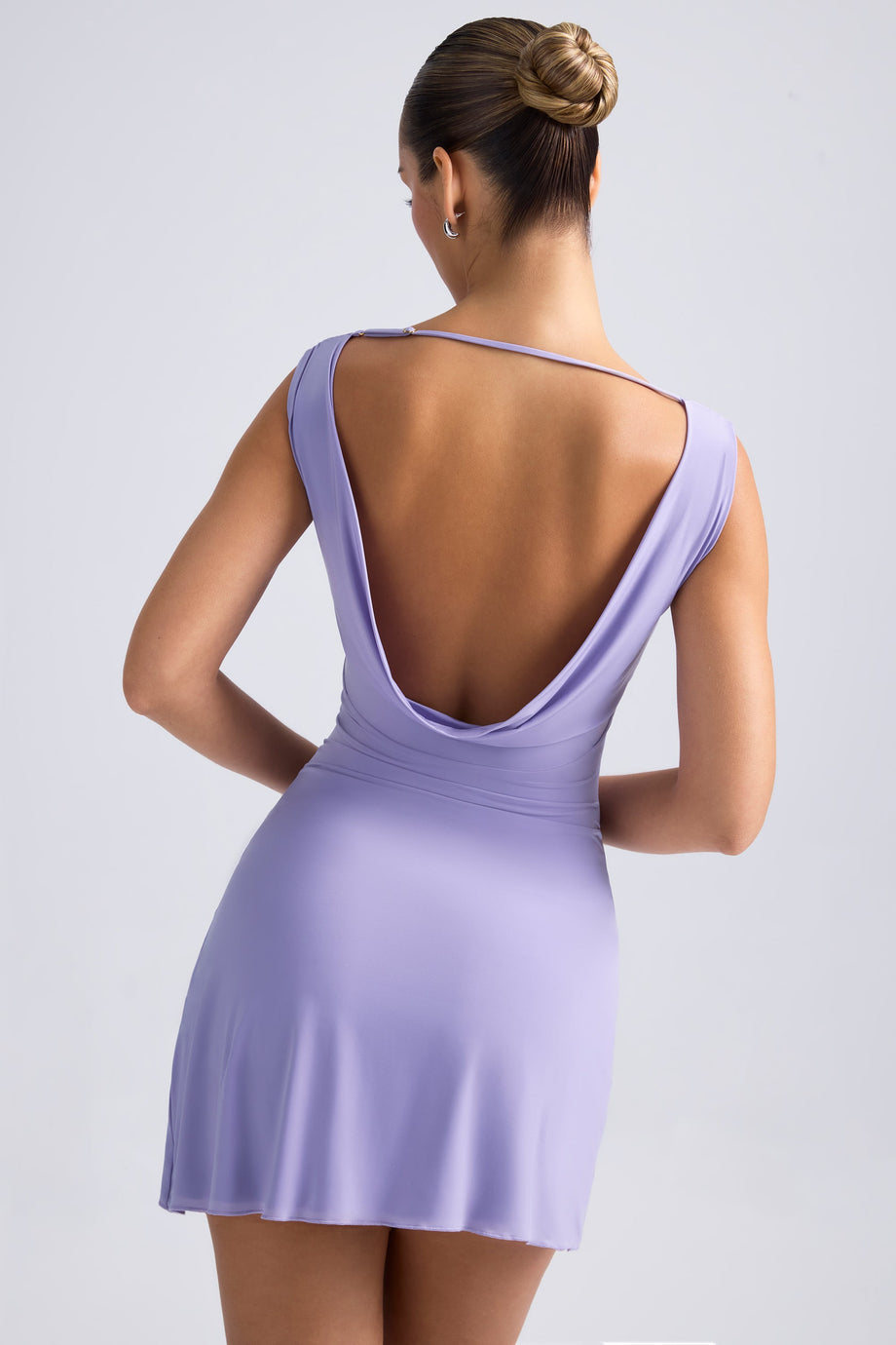 Off-Shoulder Cowl-Back A-Line Mini Dress in Dusty Lilac