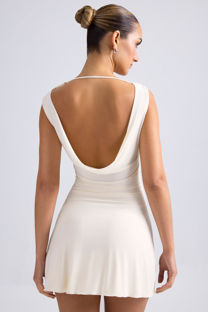 Off-Shoulder Cowl-Back A-Line Mini Dress in Ivory