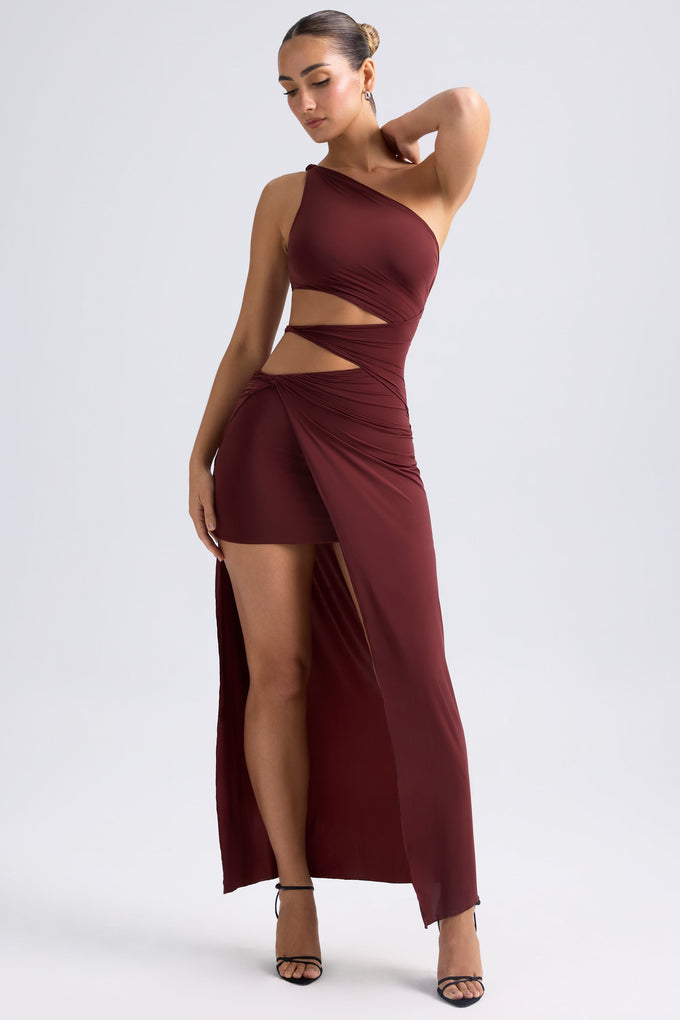 One-Shoulder Draped Cut-Out Maxi Dress in Chestnut Brown