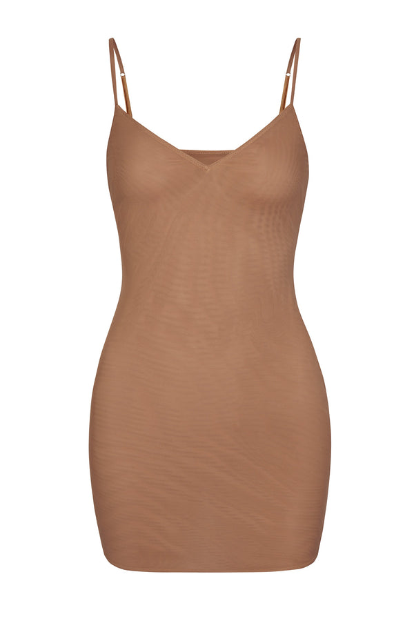 Soft Mesh V-Neck Mini Slip Dress in Honey - 1