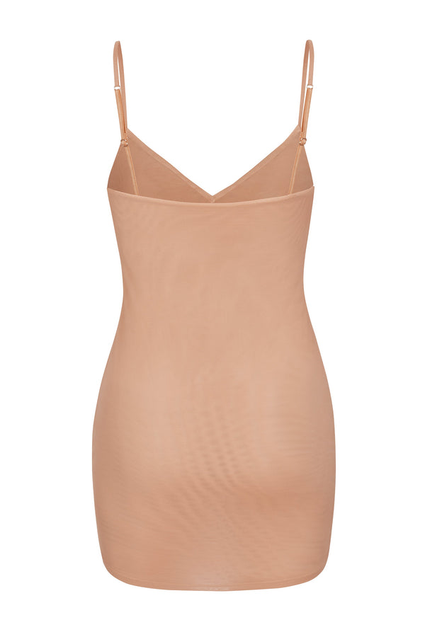 Soft Mesh V-Neck Mini Slip Dress in Warm Peach - 2