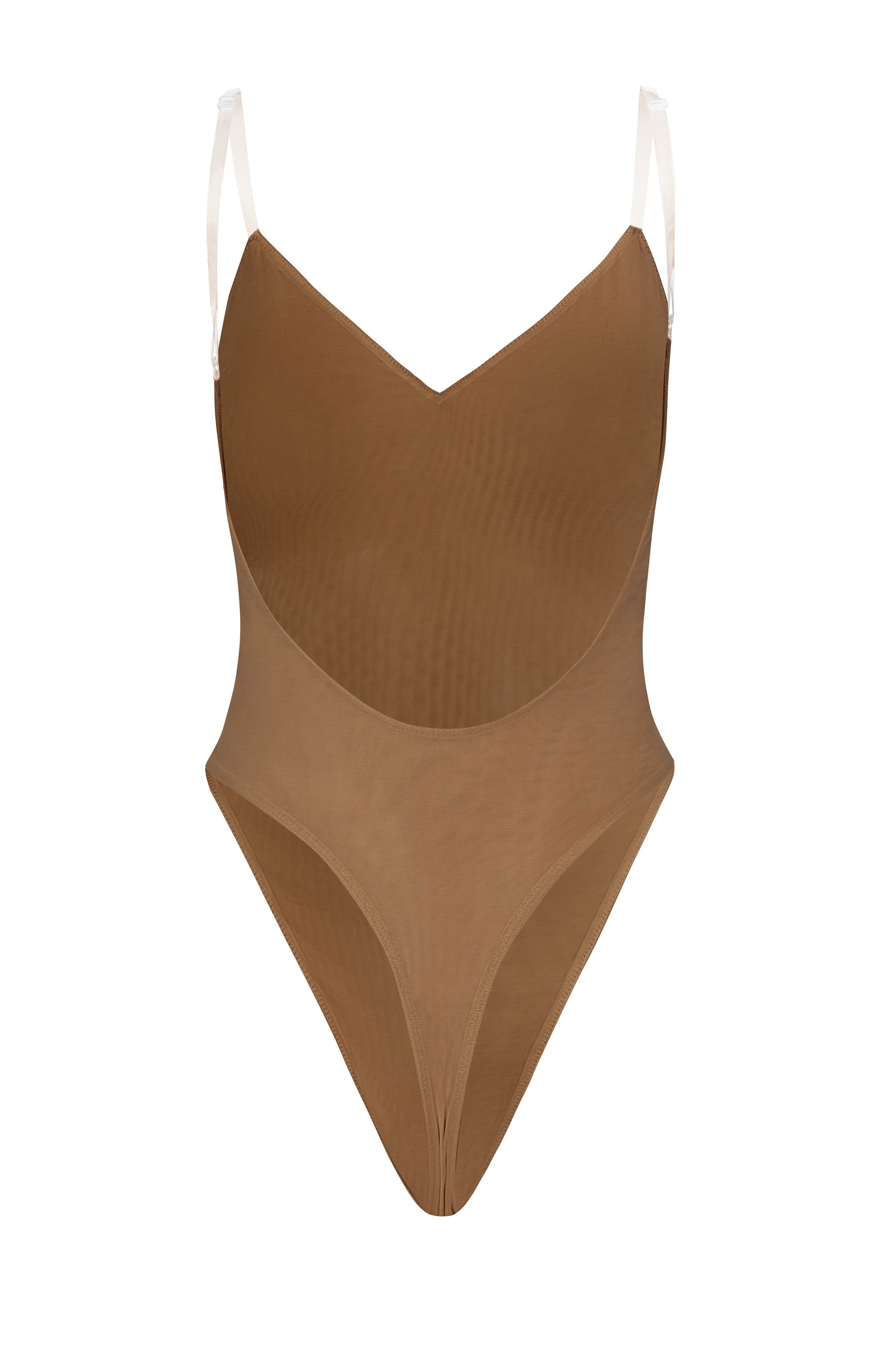 Soft Mesh V-Neck Bodysuit in Almond