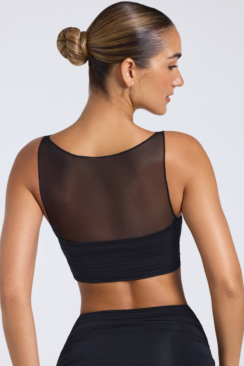 Sheer Panelled Ruched Crop Top in Black - 2