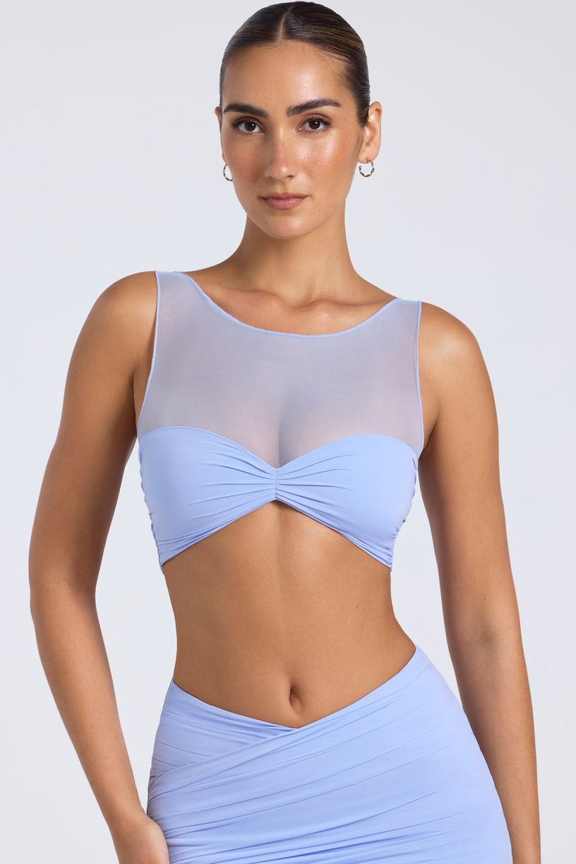 Sheer Panelled Ruched Crop Top in Periwinkle Blue - 1