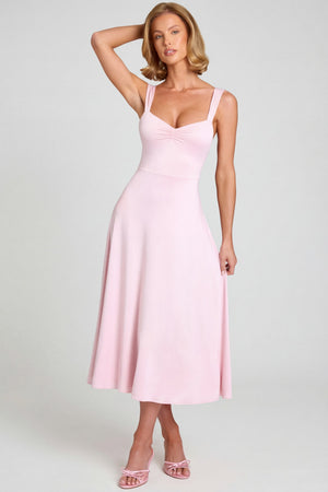 Oh Polly's Sienna wearing the Thandie Midaxi Dress in Blush Slinky fabric perfect for summer weddings