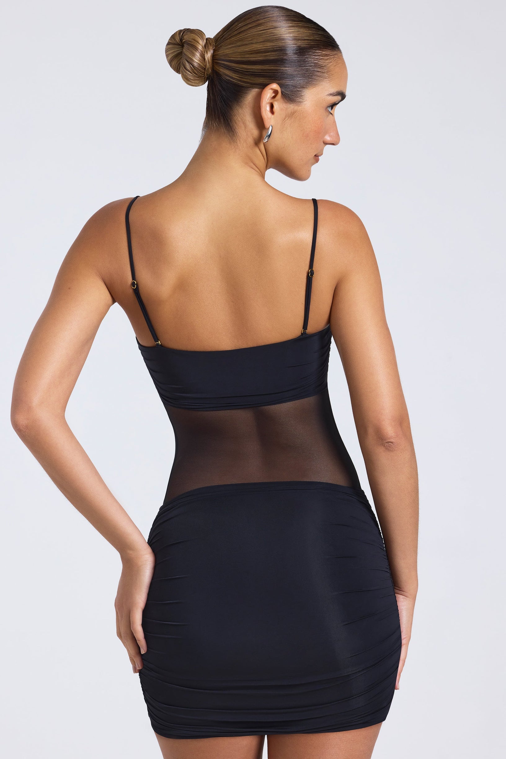 Sheer Panelled Ruched Mini Dress in Black - 2
