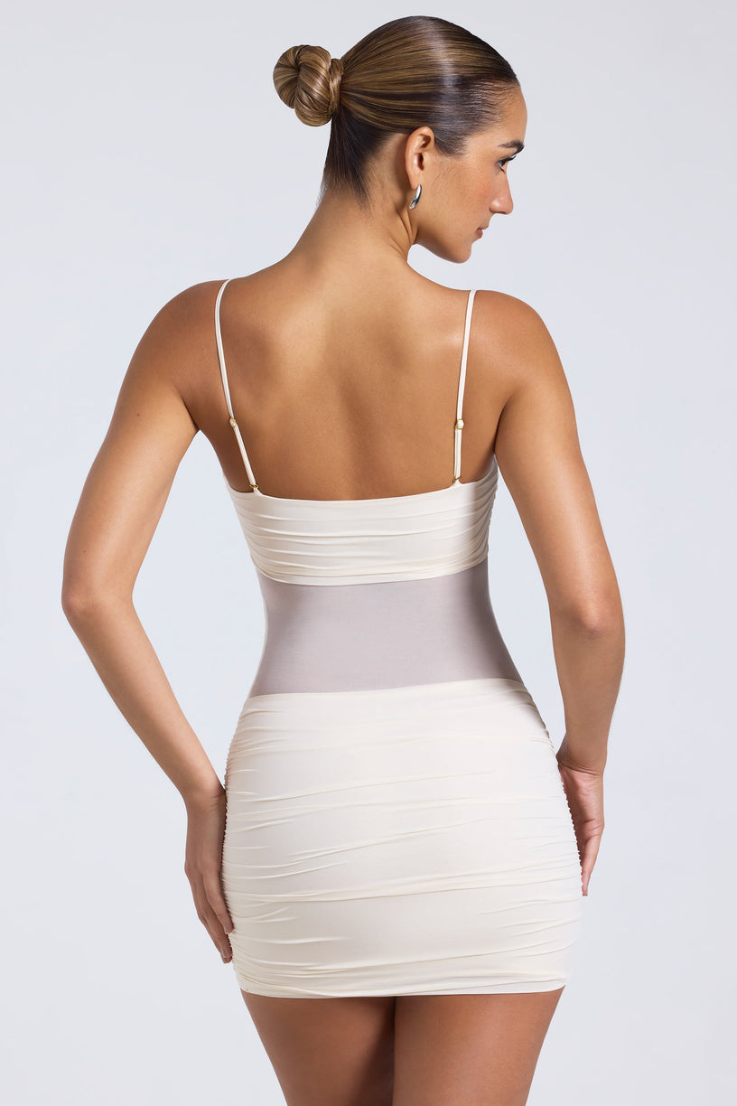 Sheer Panelled Ruched Mini Dress in Ivory - 2
