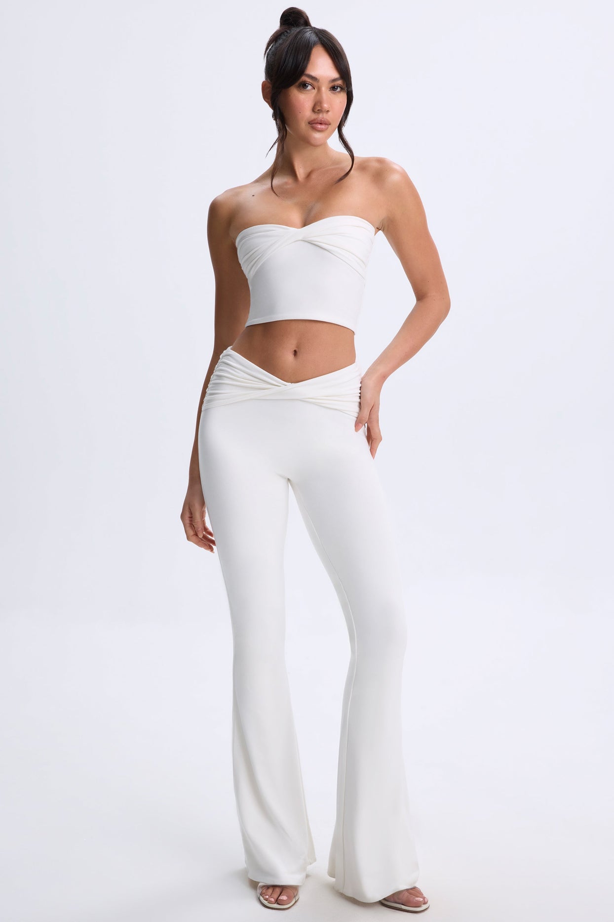 Petite Twist-Front Flared Trousers in White