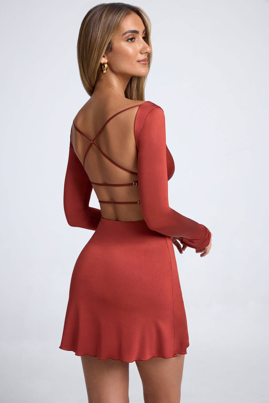 Open-Back A-line Mini Dress in Auburn Brown