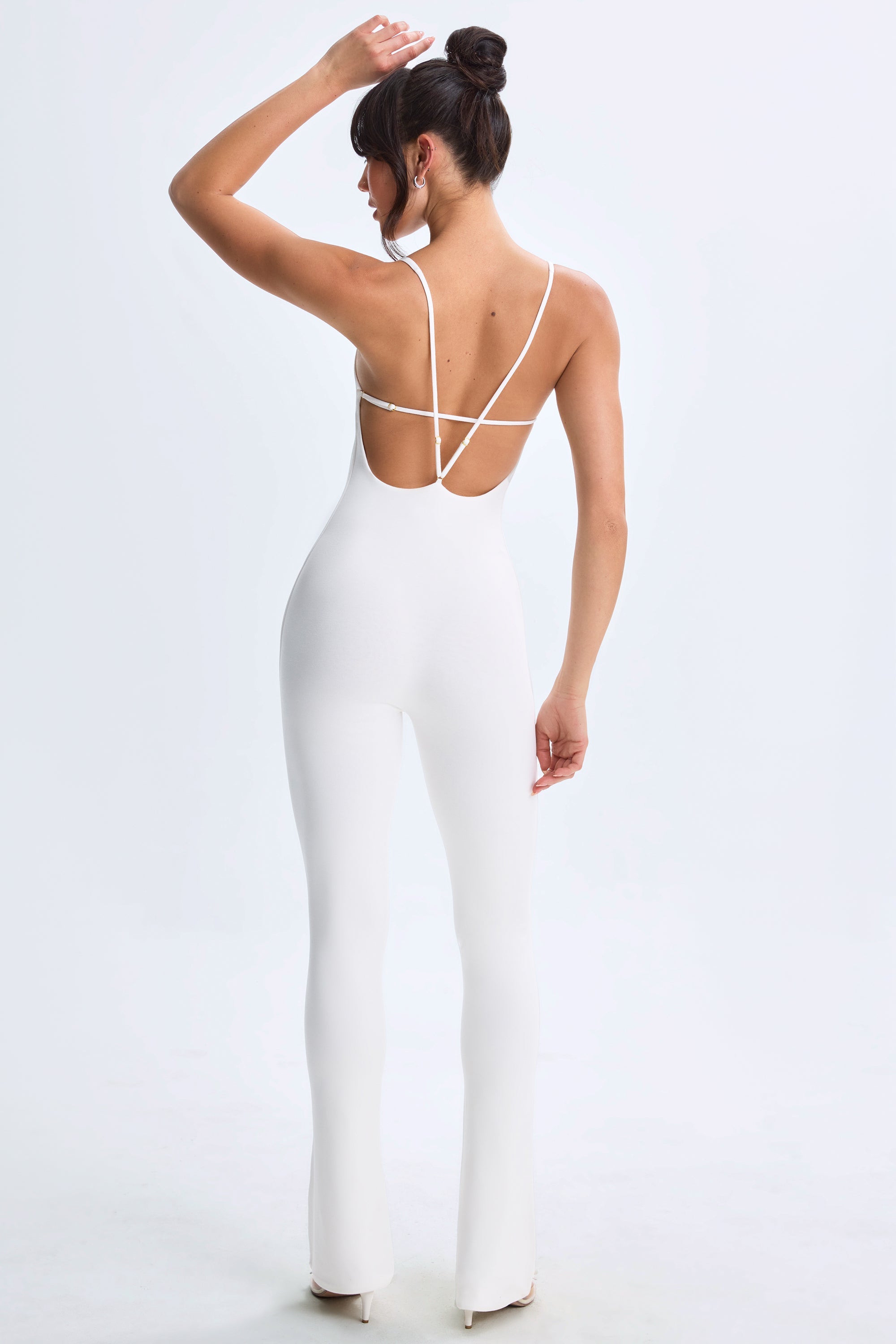 Plunge Open-Back Flared Jumpsuit in White