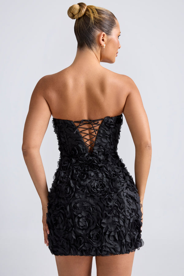 Floral-Appliqué Bandeau A-Line Mini Dress in Black - 2