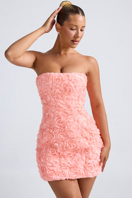 Floral-Appliqué Bandeau A-Line Mini Dress in Coral