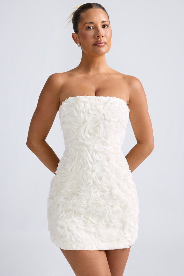Floral-Appliqué Bandeau A-Line Mini Dress in White - 1