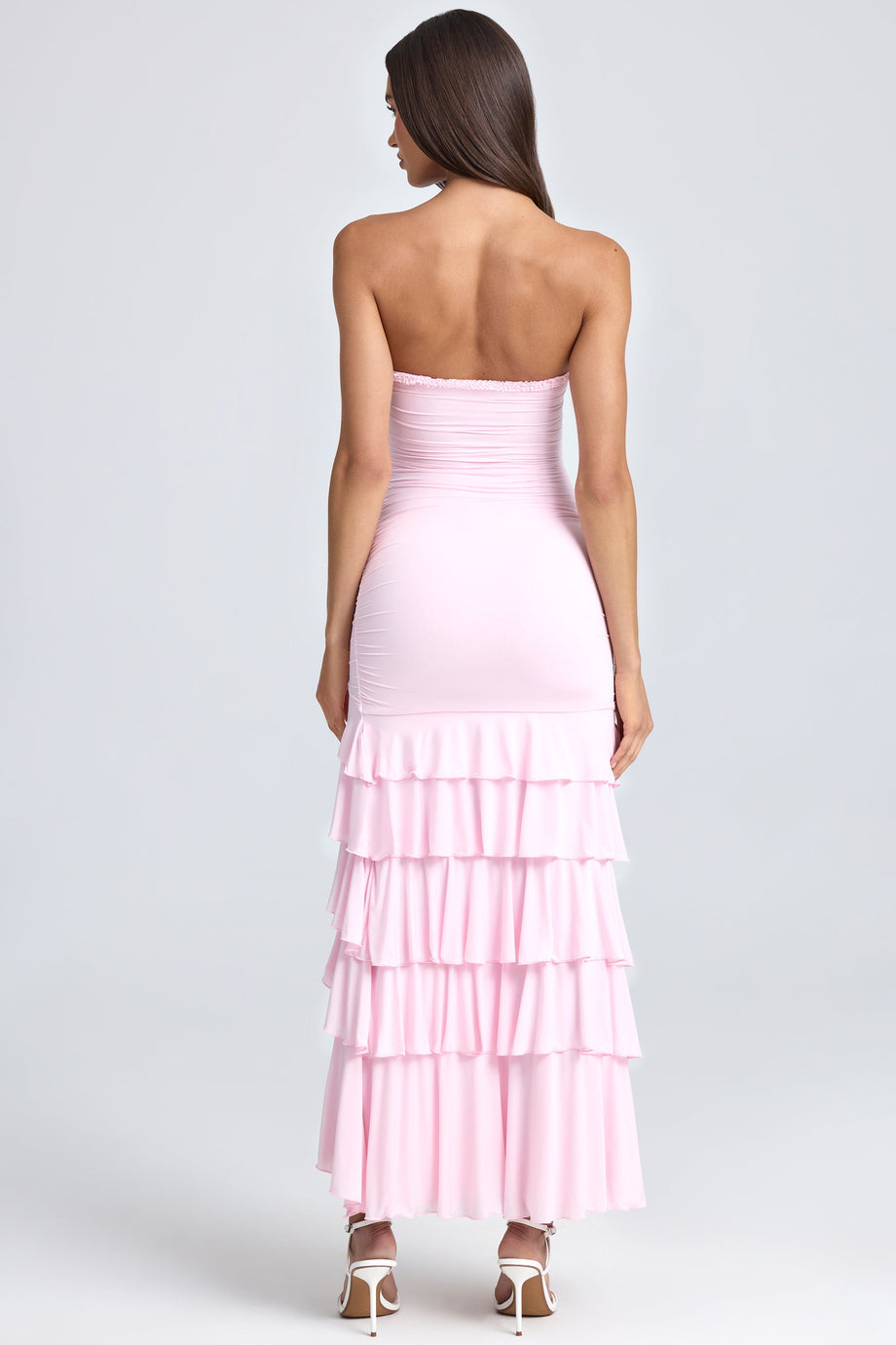 Bandeau Ruched Ruffle-Trim Maxi Dress in Blush