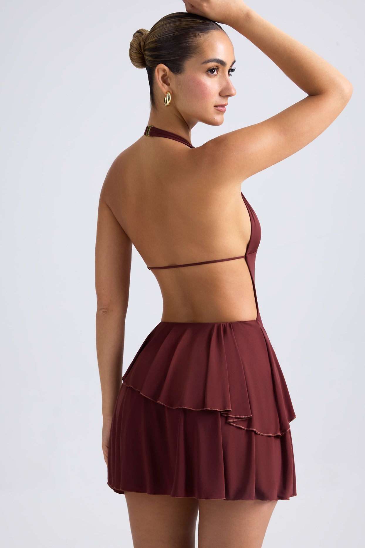 Ruffled Cut-Out Halterneck Mini Dress in Chestnut Brown