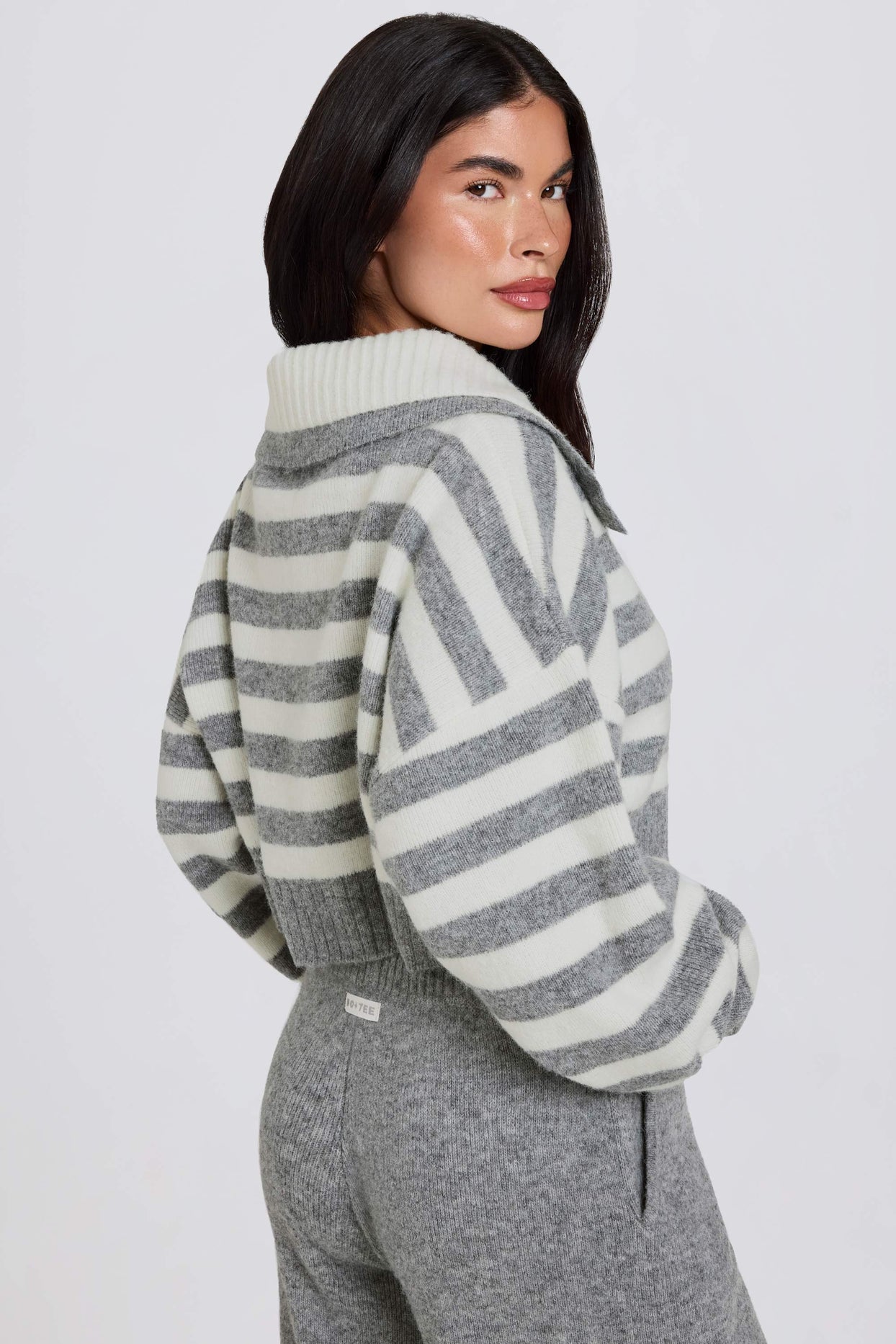 Soft Knit Layered Collar Cropped Jumper in Grey Stripe - 2
