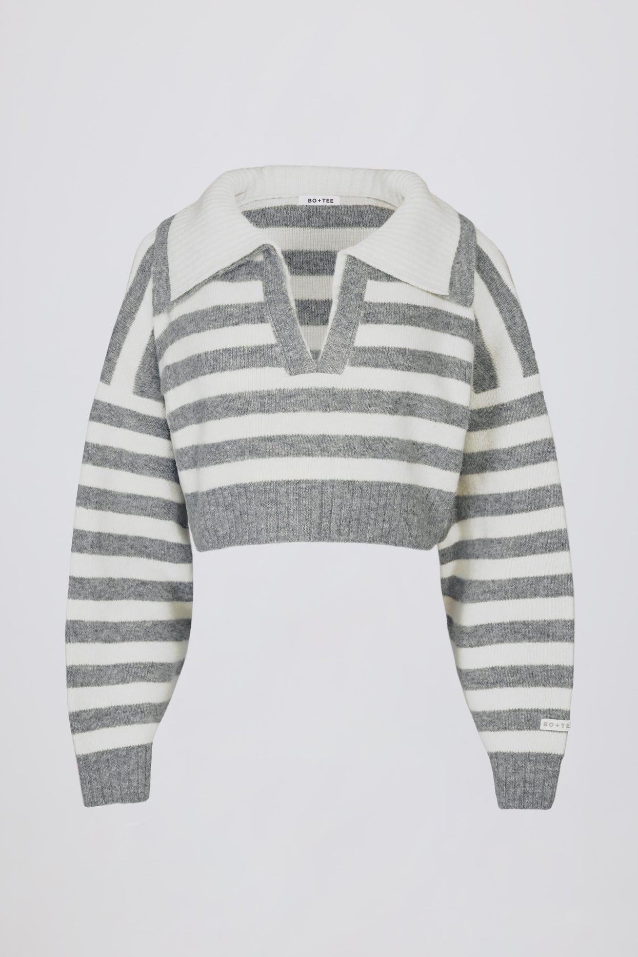 Soft Knit Layered Collar Cropped Jumper in Grey Stripe - 3