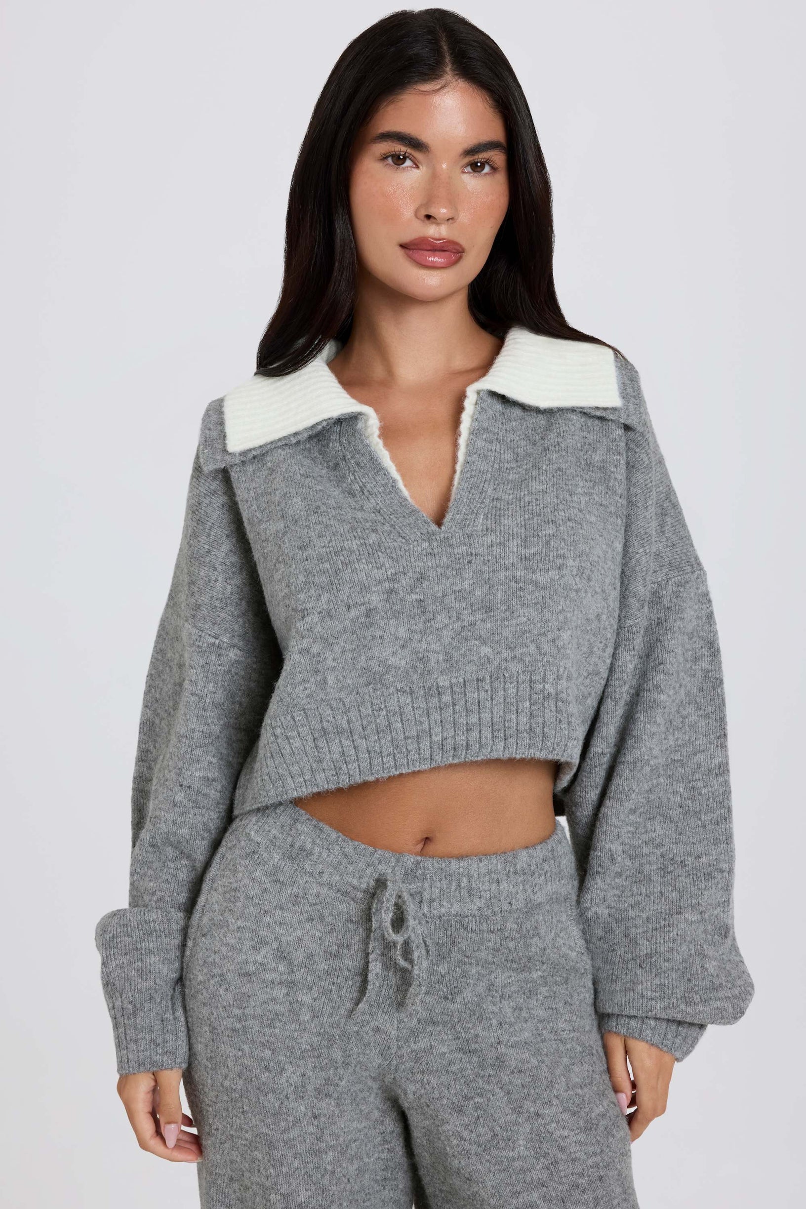 Soft Knit Layered Collar Cropped Jumper in Grey - 1