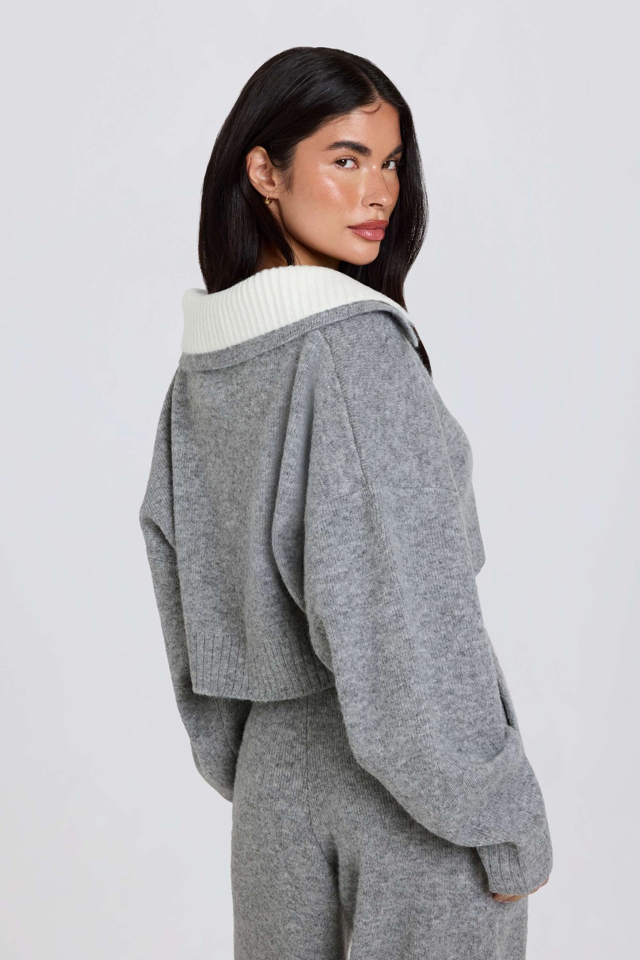 Soft Knit Layered Collar Cropped Jumper in Grey - 2